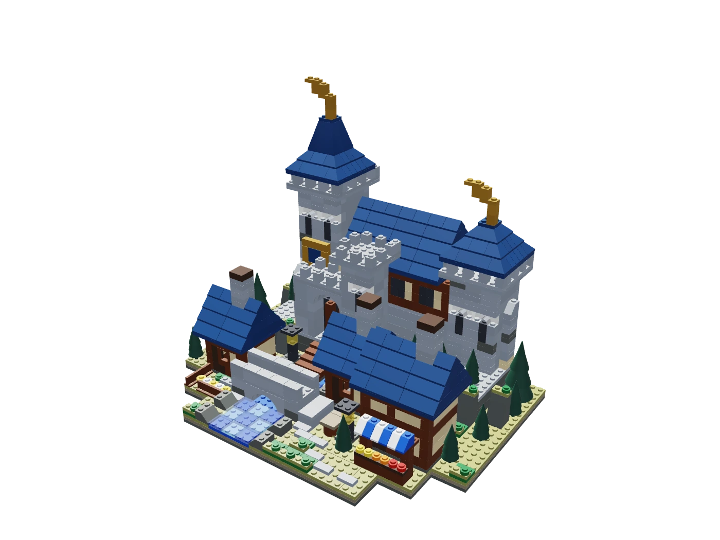 Bluecrest Castle and Riverside Village with blue roofs, trees and a river