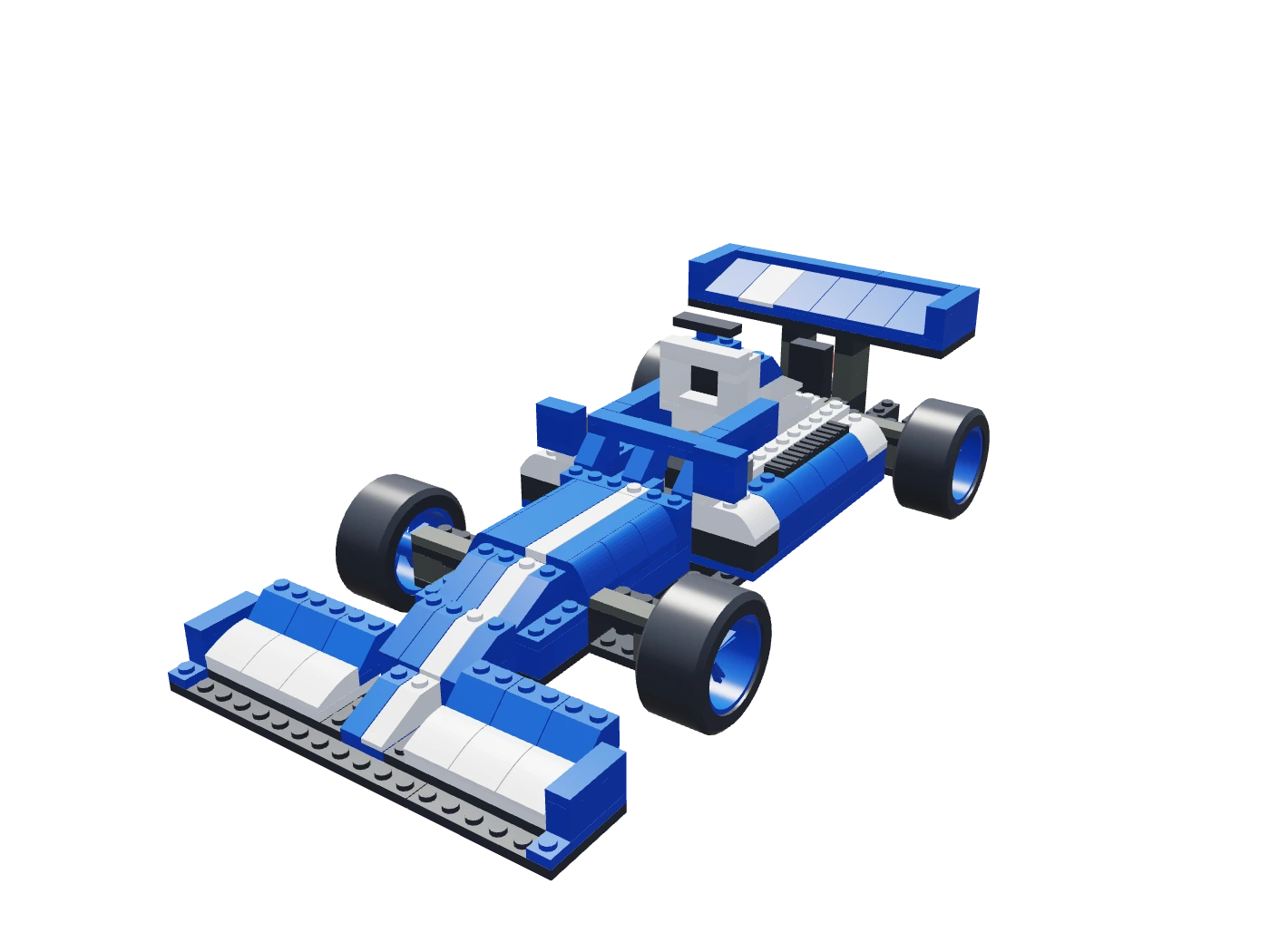 Azure Apex Formula One brick model, with blue bodywork and exposed wheels